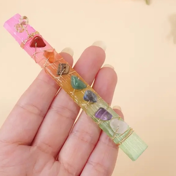Colorful Selenite Stick with Crystals. Hand crafted - Picture 2 of 5